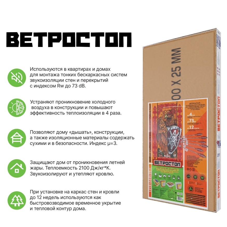 Ветрозащитная шумоизолирующая панель ВЕТРОСТОП 1200х581х25 мм (2,09 м²) купить в Екатеринбурге