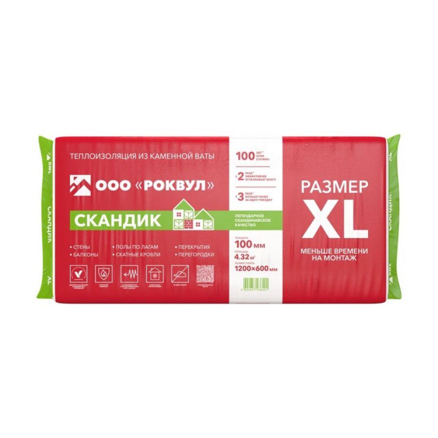 Утеплитель Роквул Скандик XL 100мм, 6 плит, 4.32м2, 600х1200мм, 0.432м3 Rockwool купить в Екатеринбурге